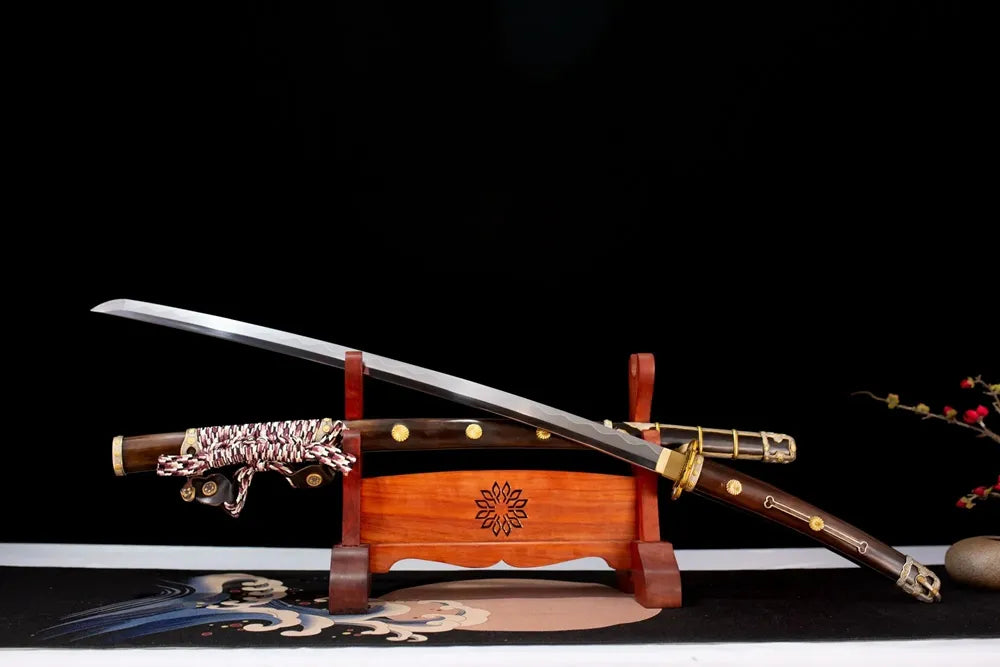 45‑angle open full‑size Royal‑Chrysanthemum‑Tachi japanese imperial‑chrysanthemum aristocratic‑classical tachi long sword two‑layer wooden stand front view