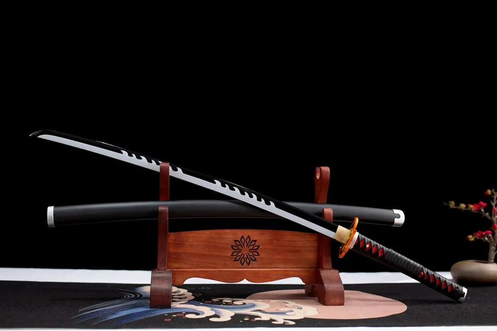 45‑angle open full‑size Tanjirou broken nichirin katana two‑layer wooden stand front view