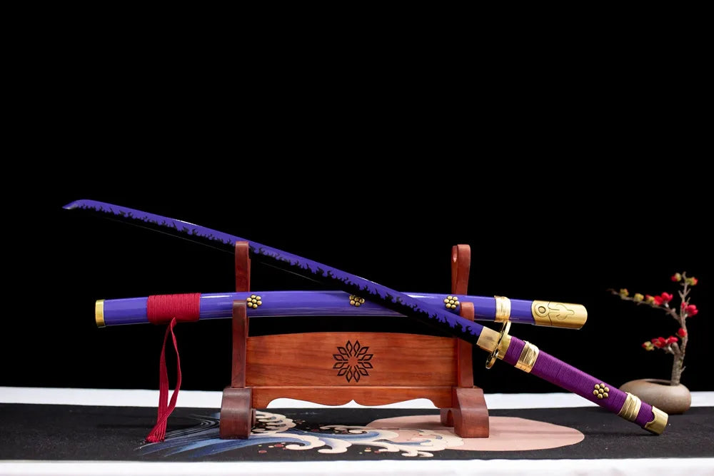 45‑angle open full‑size Zoro Enma demon katana two‑layer wood stand