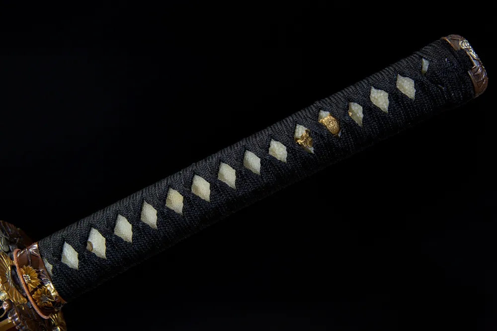 Full compact tsuka front view lotus sparrow embossed brass fuchi kashira beige silk wrap