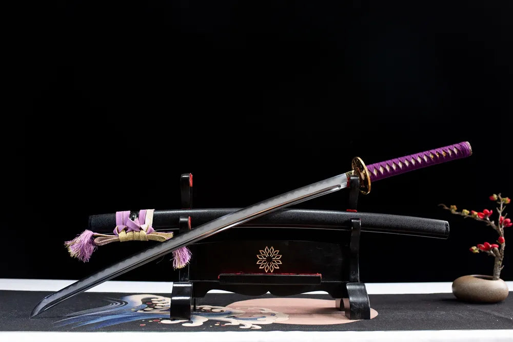 Clover Sunflower Katana – T10 Choji Hamon With Hi Purple Tsuka Clover Gold Tsuba Black Saya Samurai Sword