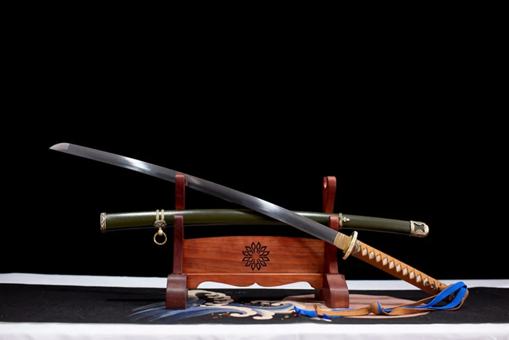 45‑angle open full‑size vintage Command‑Saber military command saber two‑layer wooden stand front view