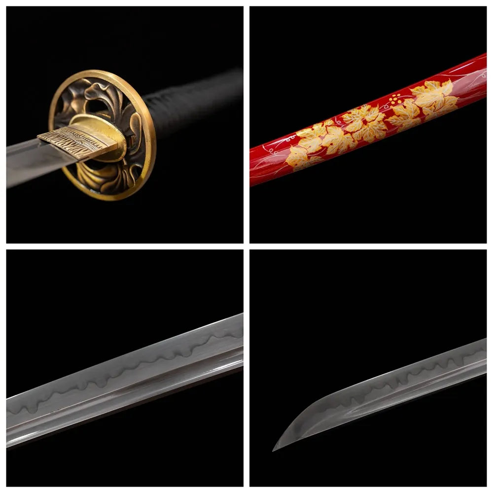 Four‑grid collage brass‑gilt‑gold maple‑leaf‑carved‑relief tsuba, black‑braided woven ito tsuka, glossy‑crimson‑lacquer gilded‑maple‑leaf saya, suguha‑midare autumn‑maple‑petal‑scattered‑layer hamon blade close‑up details