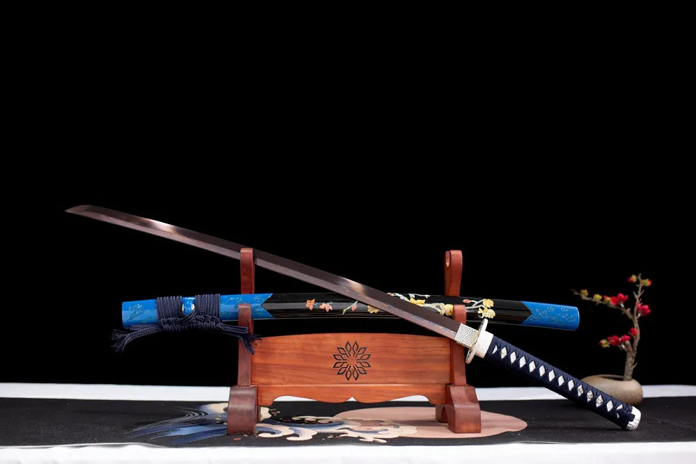 45‑angle open full‑size Blood‑Plum‑Katana plum‑blossom‑art samurai katana two‑layer wooden stand front view