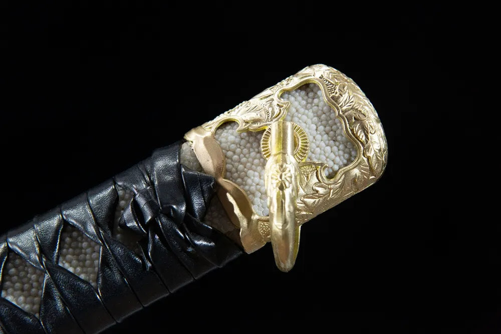 Upper tsuka closeup black leather diamond moro woven wrap texture