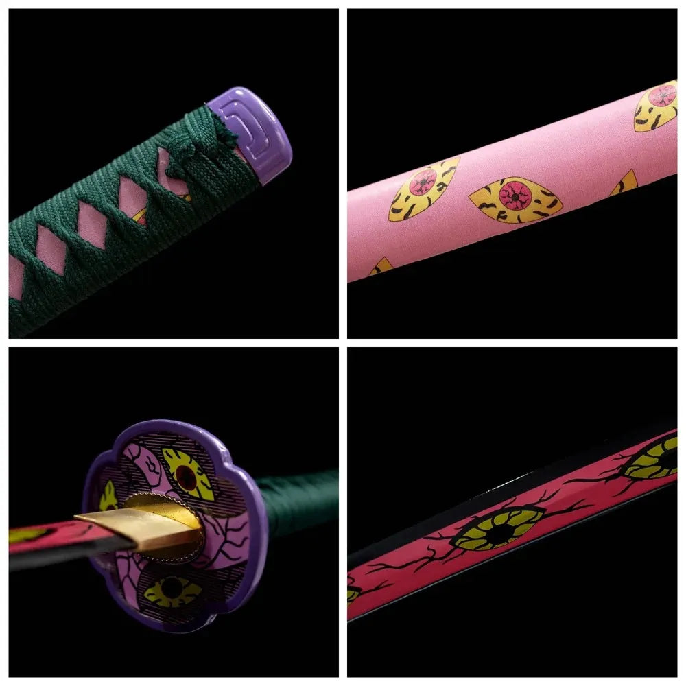 Four‑grid collage multi‑eye purple tsuba, dark‑green tsuka, pink demon‑eye saya, demon‑art blade close‑ups