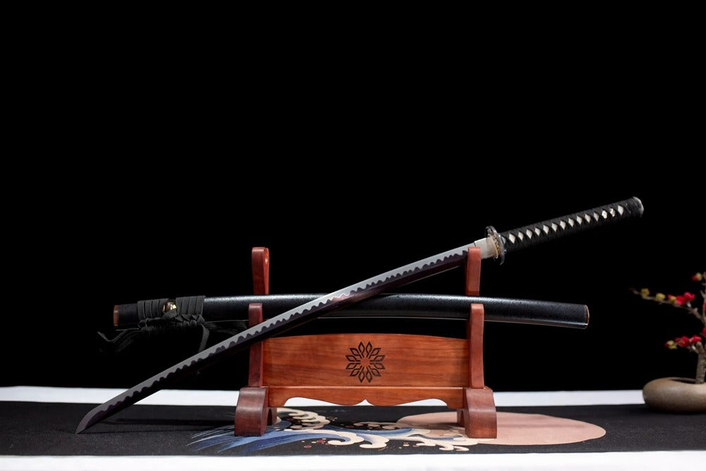 Slanted upright drawn Lion‑Chop guardian‑beast katana wooden shelf front perspective