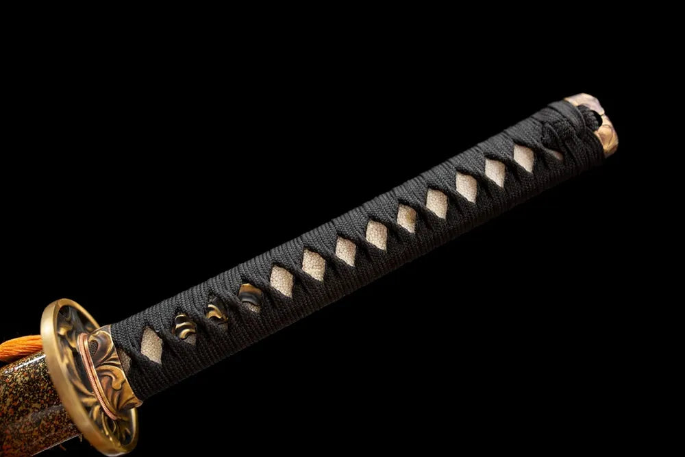 Full pale‑pink‑white ito woven tsuka hollow sakura brass fittings complete front shot