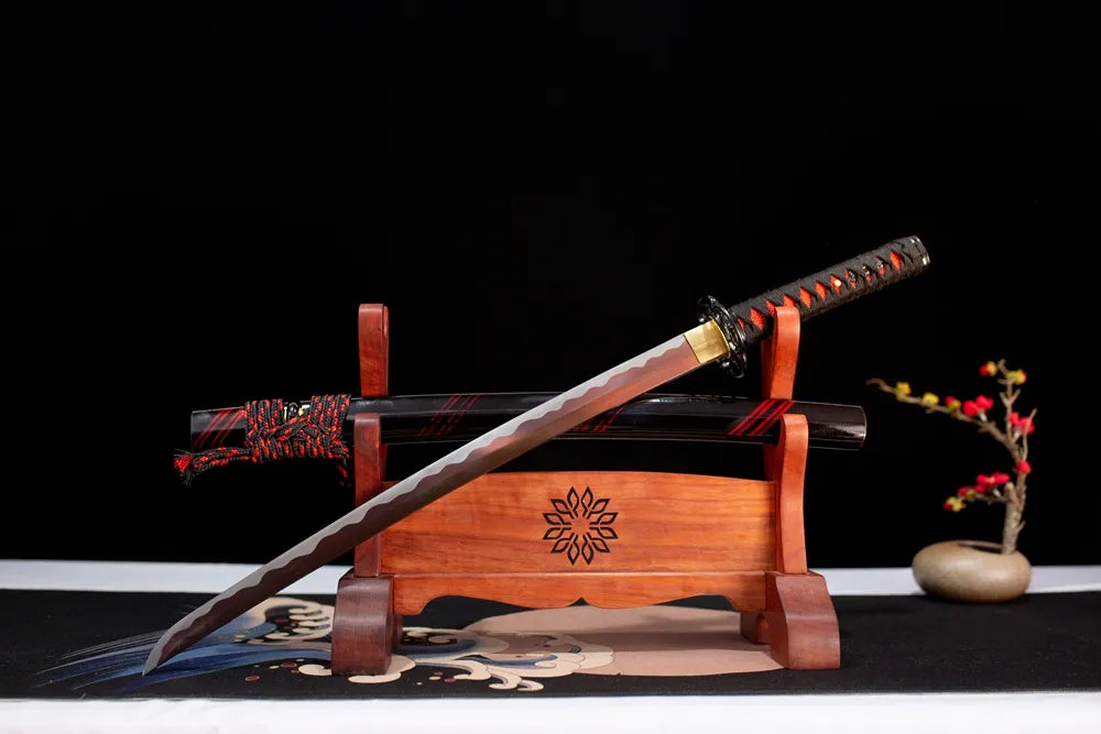 Slanted upright drawn Wisp‑Red‑Wakizashi red‑black‑dark‑aesthetic wakizashi wooden shelf front perspective