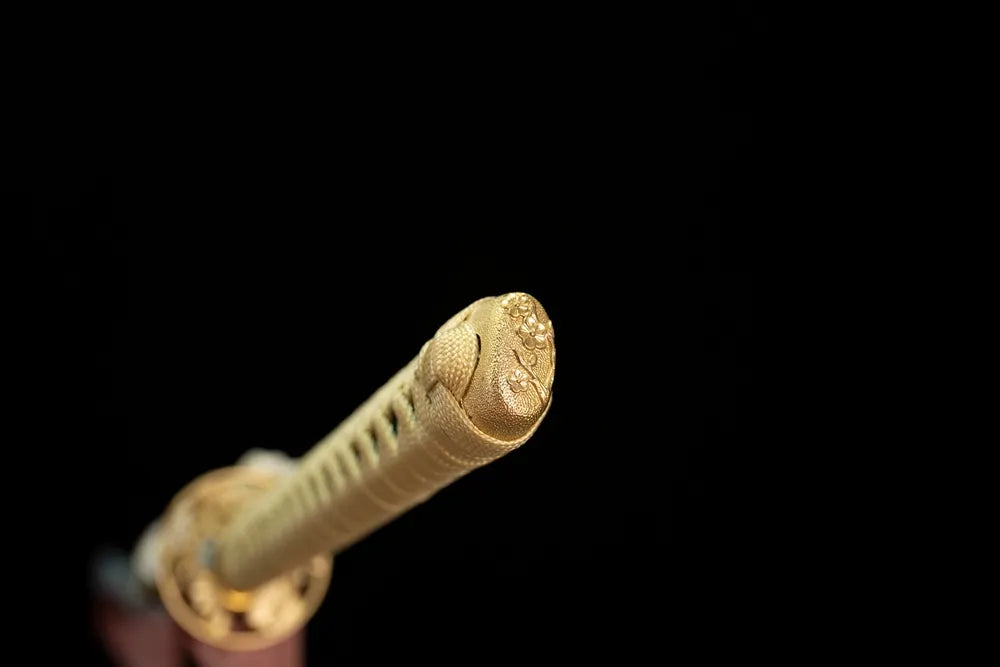 3D‑sculpted winter‑plum‑blossom gilded‑alloy pommel‑cap detail shot