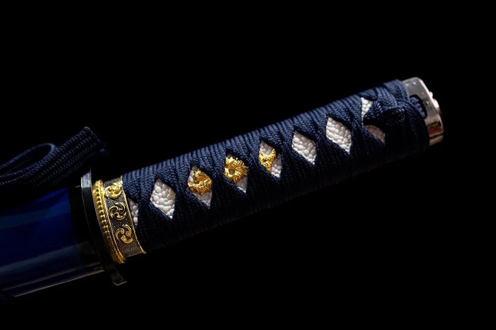Full sage‑green woven ito tsuka bamboo‑relief antique‑bronze alloy fittings complete front shot