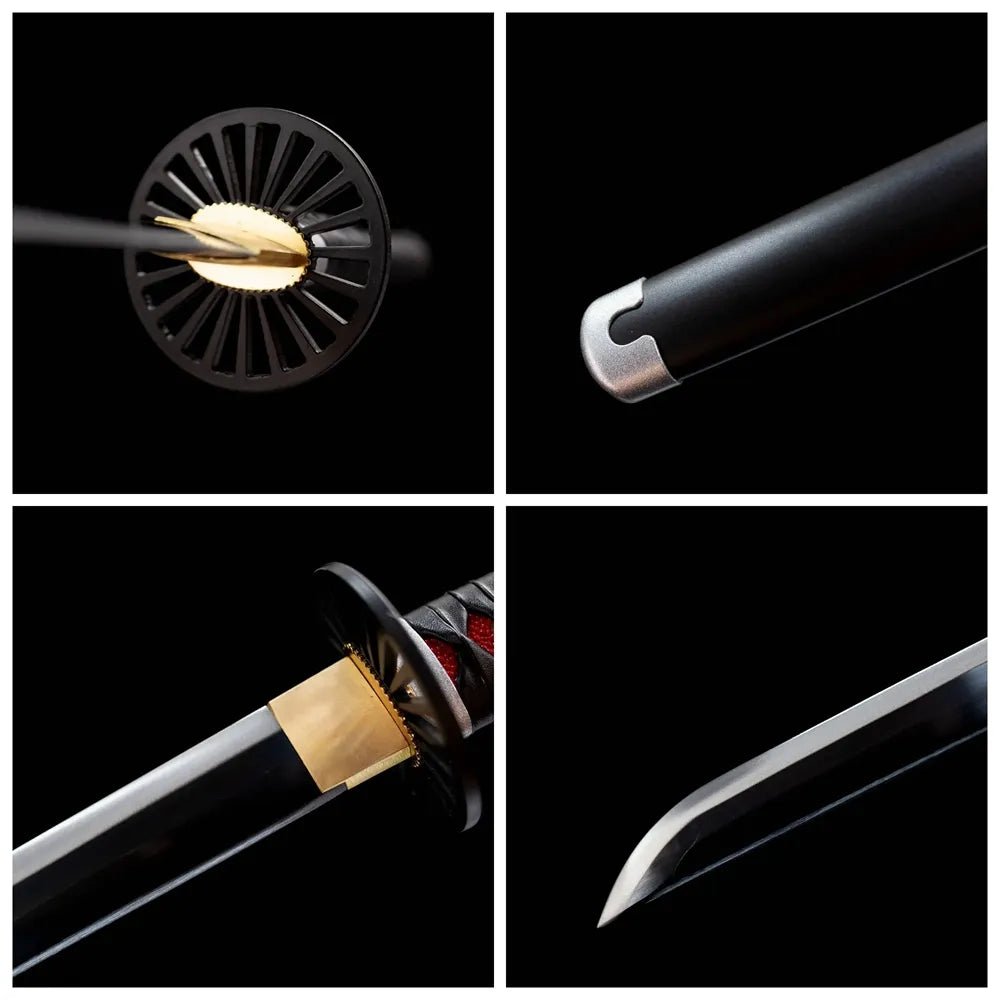 Four‑grid collage red‑ring tsuba, wrapped tsuka, matte black saya, black blade close‑up details