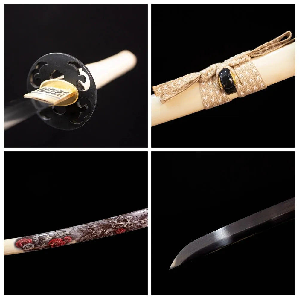 Four‑grid collage open‑work‑iron dragon‑warrior‑samurai‑relief tsuba, beige‑cotton ito tsuka, cream‑white warrior‑dragon‑rose‑illustrated saya, solid‑black‑oxide matte‑black blade close‑up details