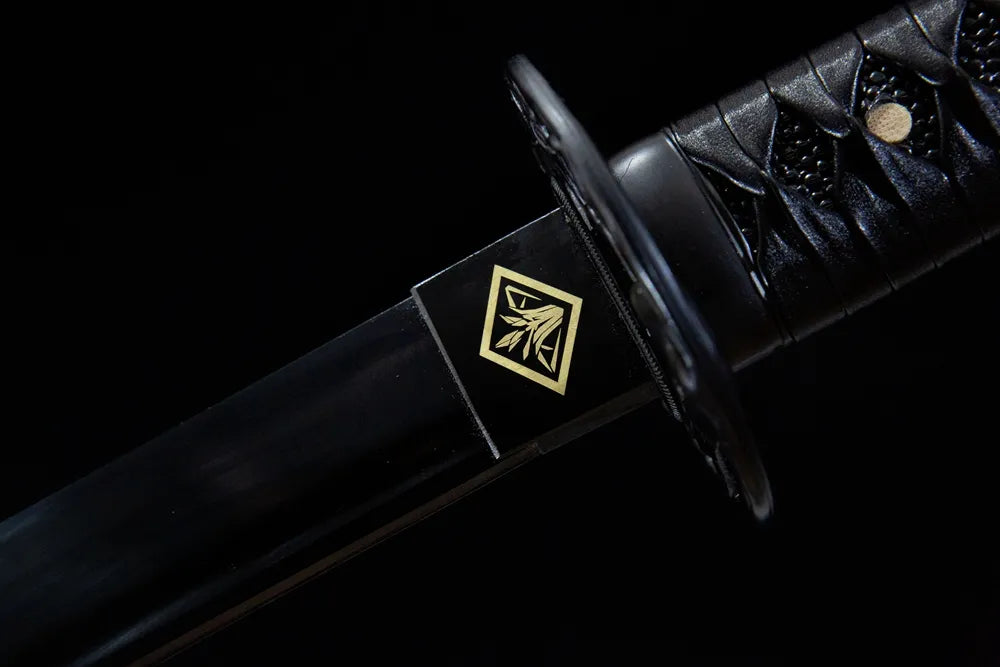 Upper blade closeup full matte black high hardness T10 surface near black combat habaki