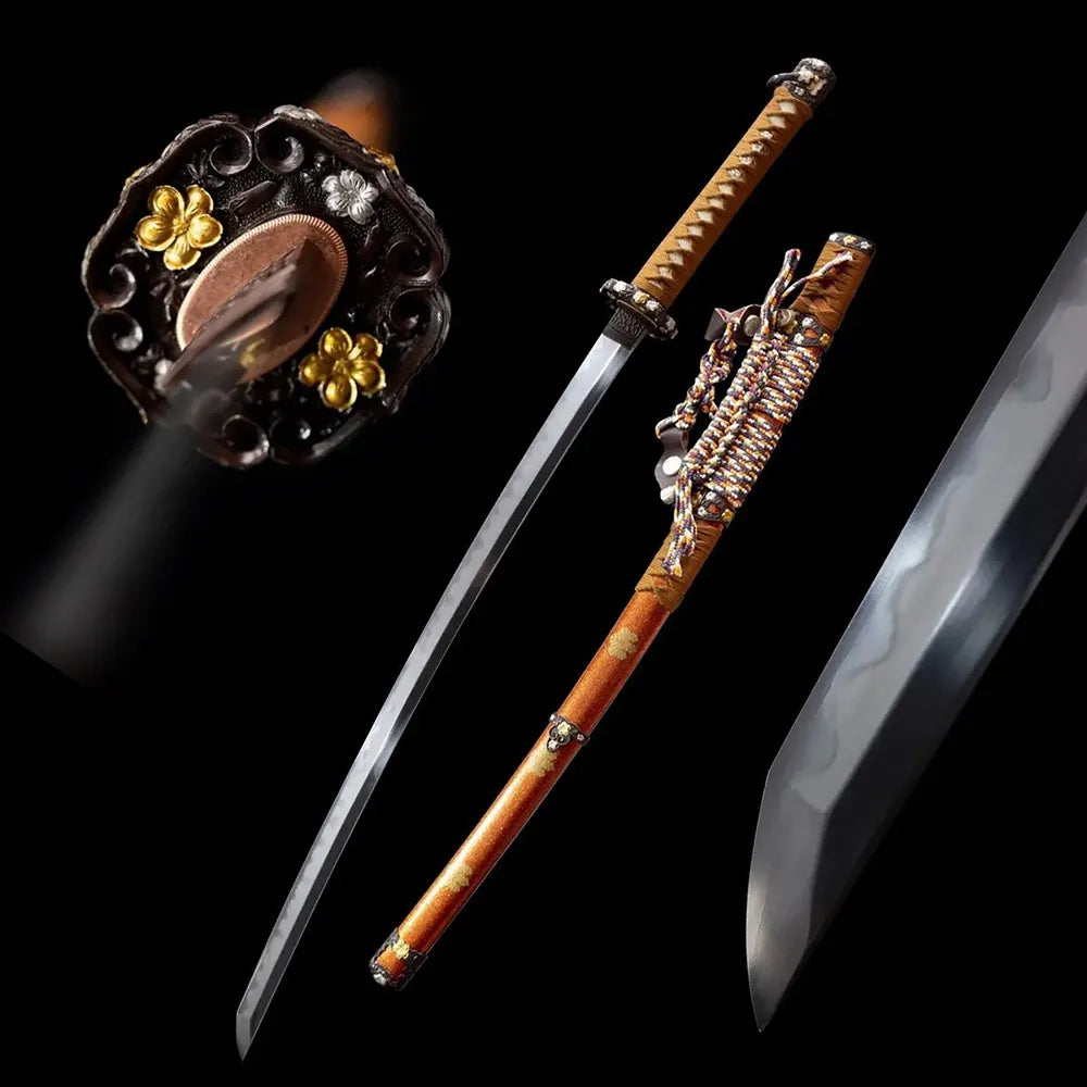 Toyotomi Hideyoshi historical sengoku tachi drawn sanmai‑gitae gunome hamon blade orange mon‑emblem saya full black‑background studio shot