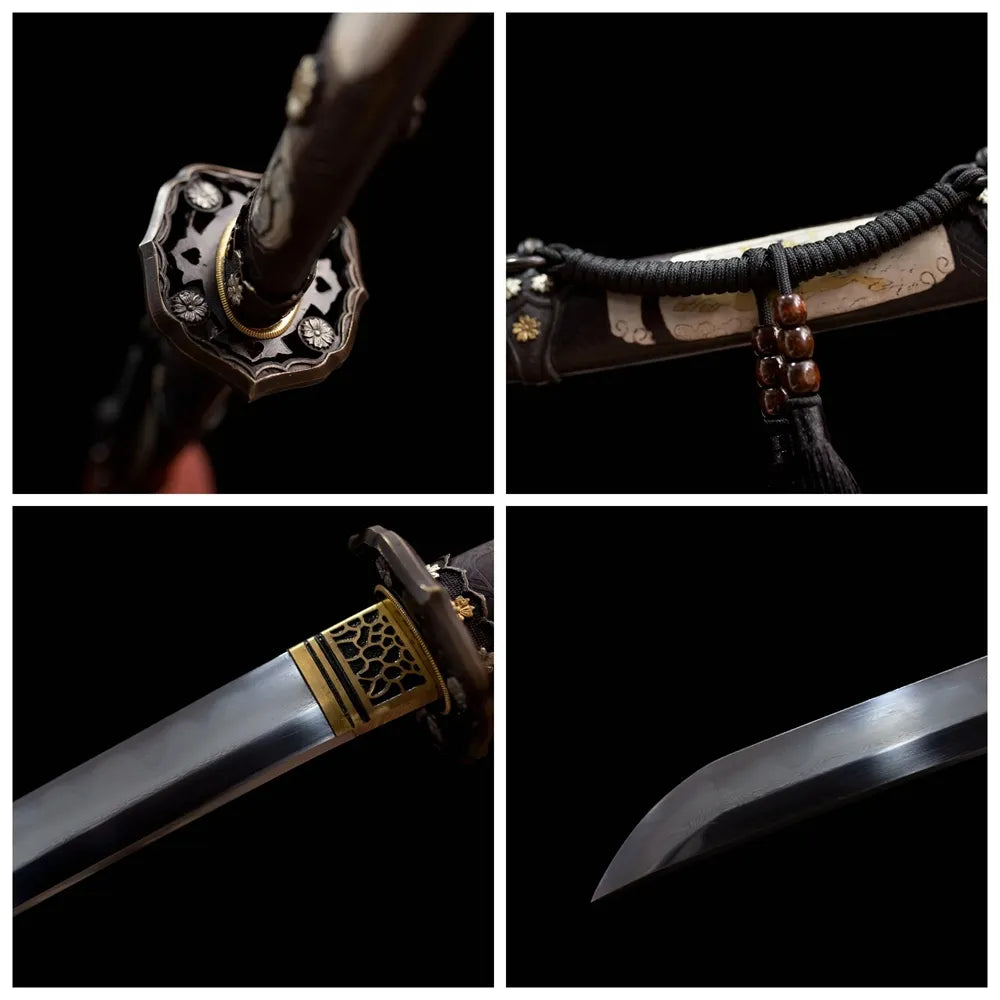 Four‑grid collage mansion‑crest embossed brass tsuba, cream‑white ito tsuka, gold‑leaf maki‑e saya, natural hamon blade close‑up details