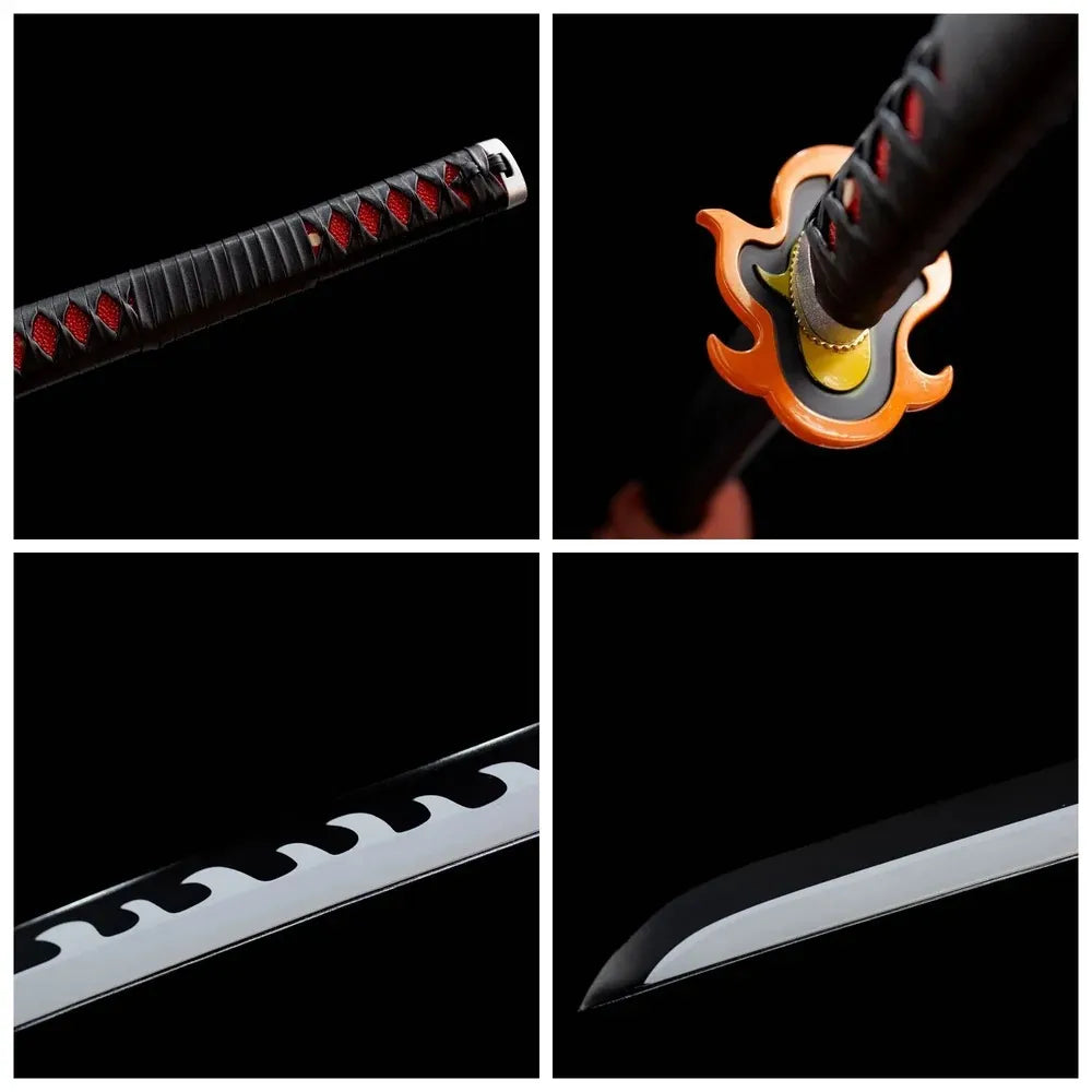 Four‑grid collage orange flower‑shape tsuba, red‑black tsuka, matte black saya, serrated wave‑blade close‑up details