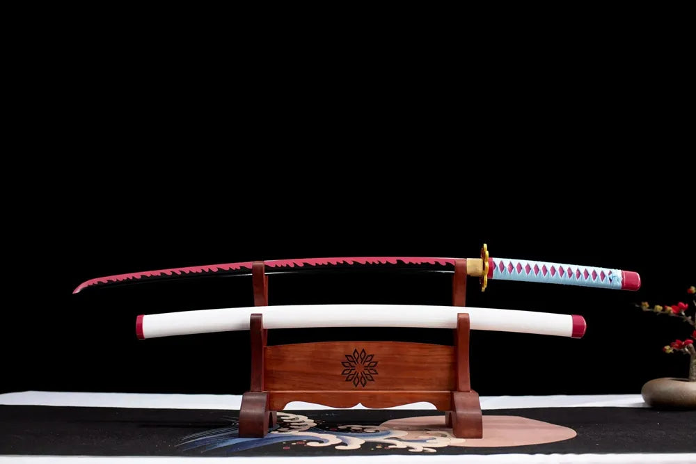 Flat fully‑drawn 1060 steel Mitsuri pink‑wave‑print nichirin blade wooden rack front shot