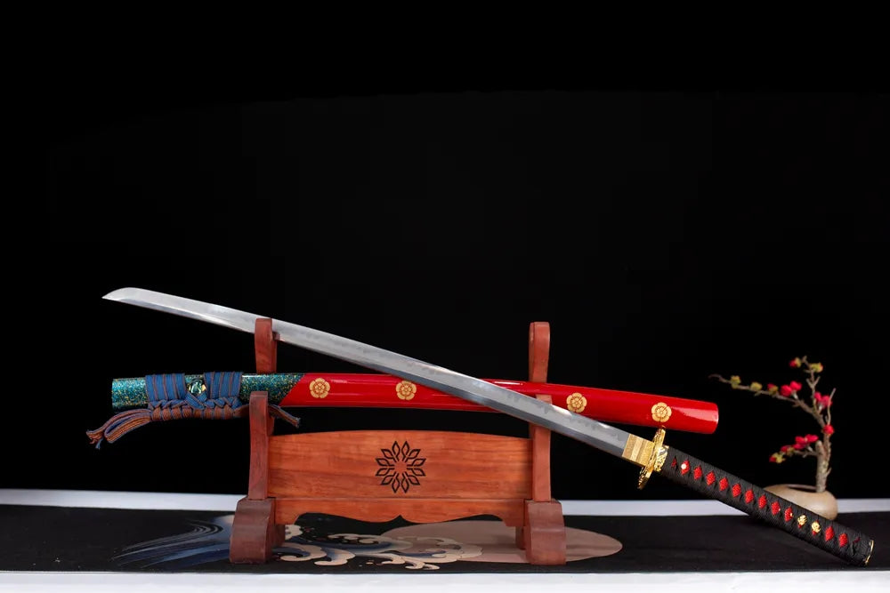 45‑angle open full‑size Qianxi‑Katana qianxi classical‑kamon‑hanafuda‑traditional‑motif samurai katana two‑layer wooden stand front view