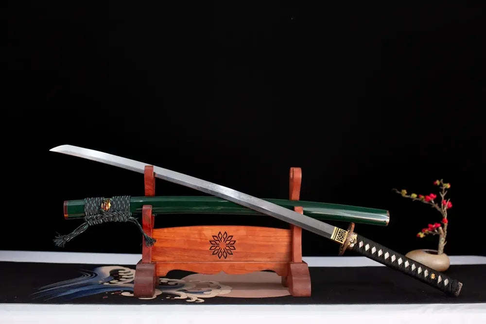 Slanted upright drawn Armored‑Warrior‑Katana armored‑warrior‑ancient‑martial‑art katana wooden shelf front perspective
