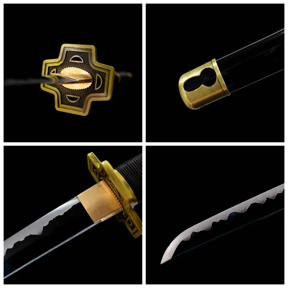 Four‑grid collage geometric brass tsuba, black tsuka, black saya, blade hamon close‑ups