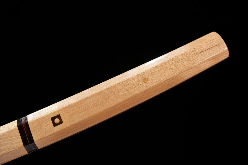 Full natural‑beige woven ito tsuka unadorned natural‑wood plain fittings complete front shot