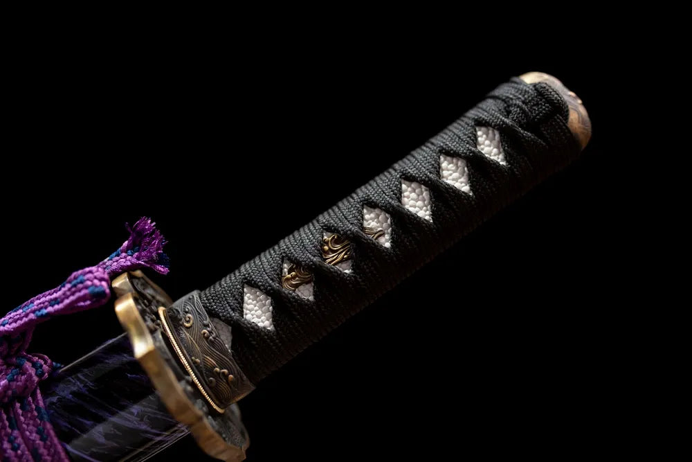 Full black‑ito woven tsuka snake‑relief antique‑bronze fittings complete front shot