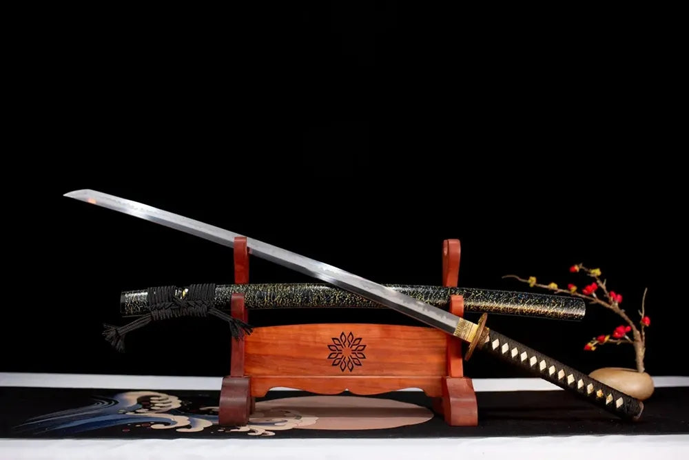 45‑angle open full‑size Shining‑Katana shimmering‑gold‑flake radiant‑aesthetic‑motif samurai katana two‑layer wooden stand front view