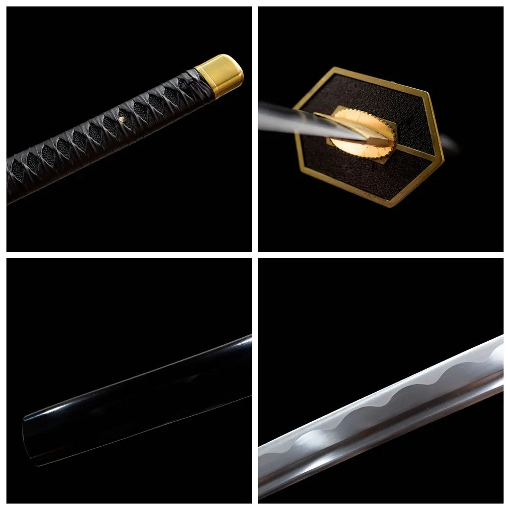 Four grid collage hex brass tsuba, black tsuka, blade hamon, black saya close-ups