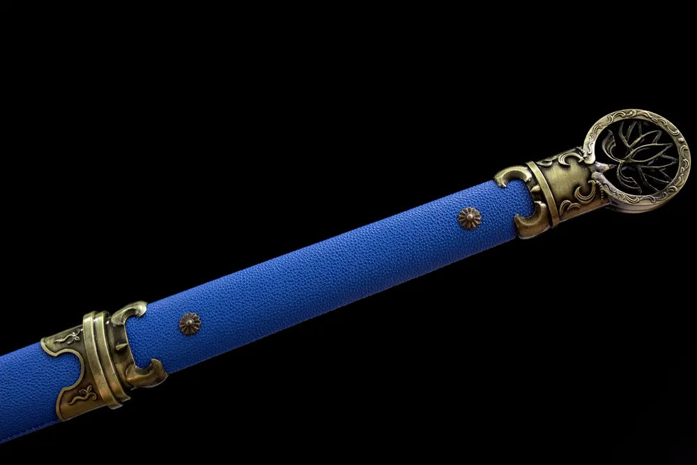 Full blue leather wrapped tang handle hollow lotus bronze fittings front shot
