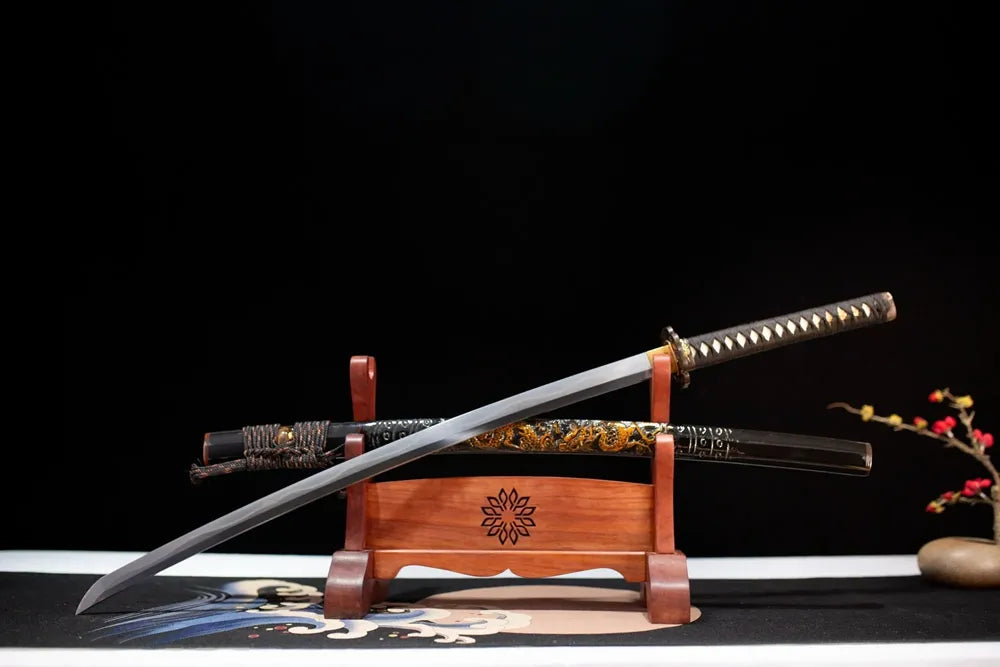Slanted upright drawn Nine‑Heavenly‑Dragons‑Katana oriental‑sovereign‑dragon‑myth katana wooden shelf front perspective