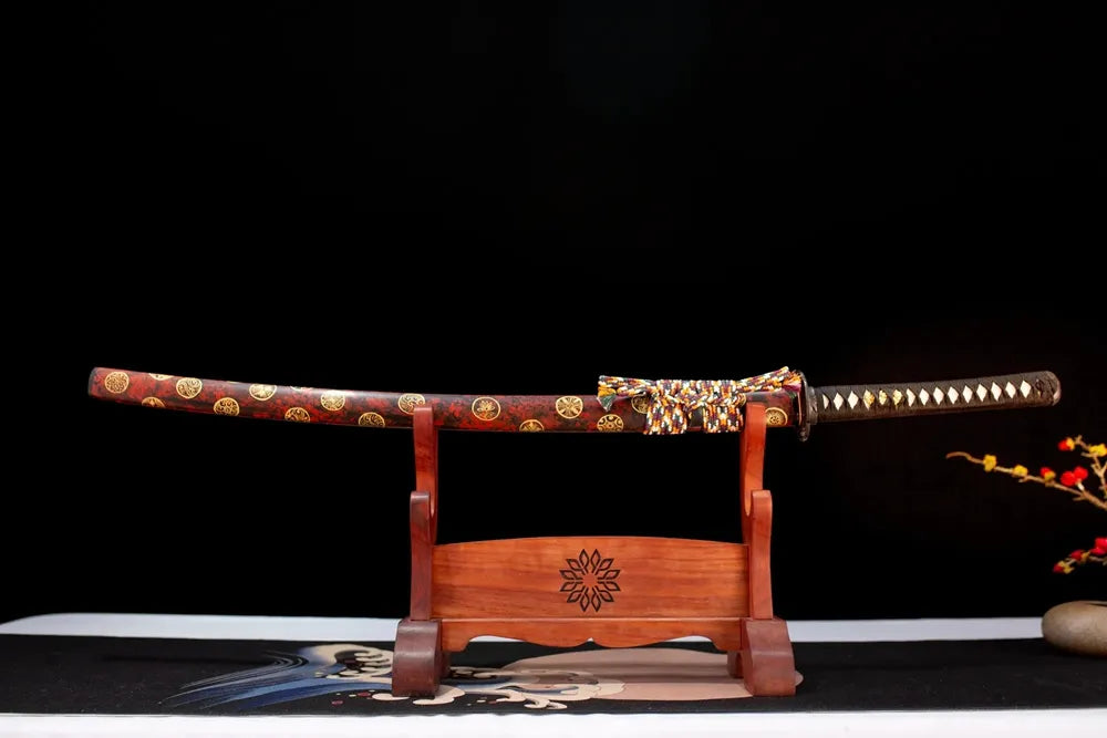 Horizontal laid closed jet‑black hand‑painted ink‑wash Drawing‑Katana scabbard flat table‑top front display