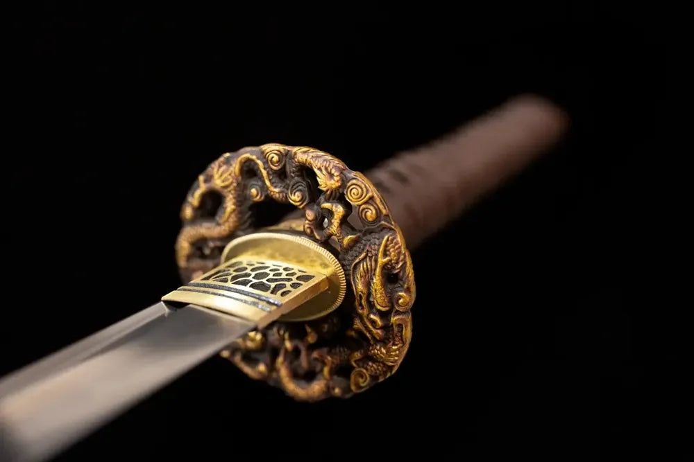Front open‑work ghost‑warrior‑specter‑samurai‑relic‑relief dark‑aged‑bronze katana hand‑guard close‑up