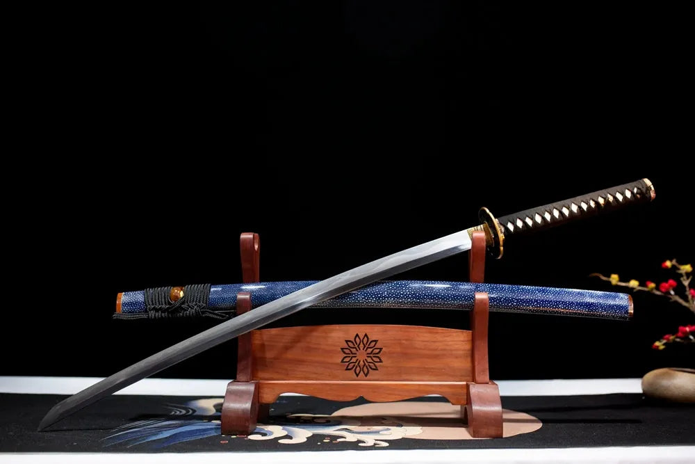 Slanted upright drawn Blue‑Moon‑Katana night‑sky poetic‑art katana wooden shelf front perspective
