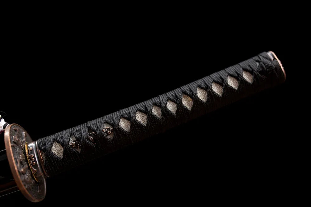 Full black woven cotton ito tsuka plain matte‑black alloy fittings complete front shot
