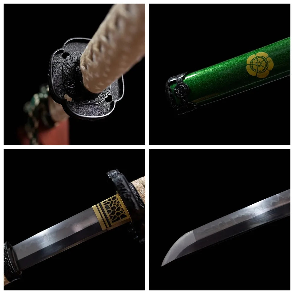 Four‑grid collage sakura‑river carved zinc‑alloy tsuba, sage‑green ito tsuka, green‑gradient sakura‑river saya, chogi hamon blade close‑up details