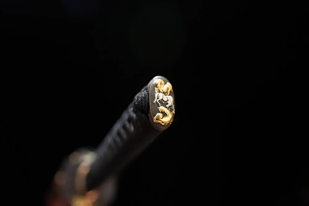3D‑sculpted oriental‑dragon gold‑silver‑plated copper pommel‑cap detail shot