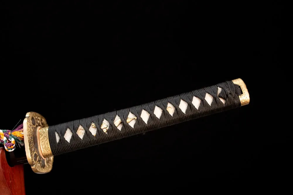 Full cosmic‑charcoal woven ito tsuka meteor‑grey alloy meteor‑asteroid‑orbit‑relief fittings complete front shot