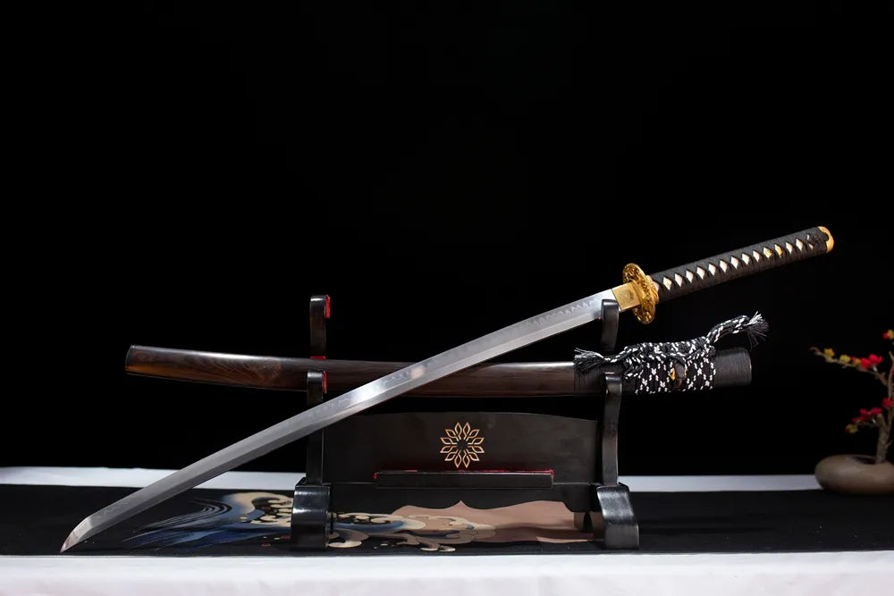 Slanted upright drawn Comet‑Katana comet‑meteor‑cosmic‑celestial‑art katana wooden shelf front perspective