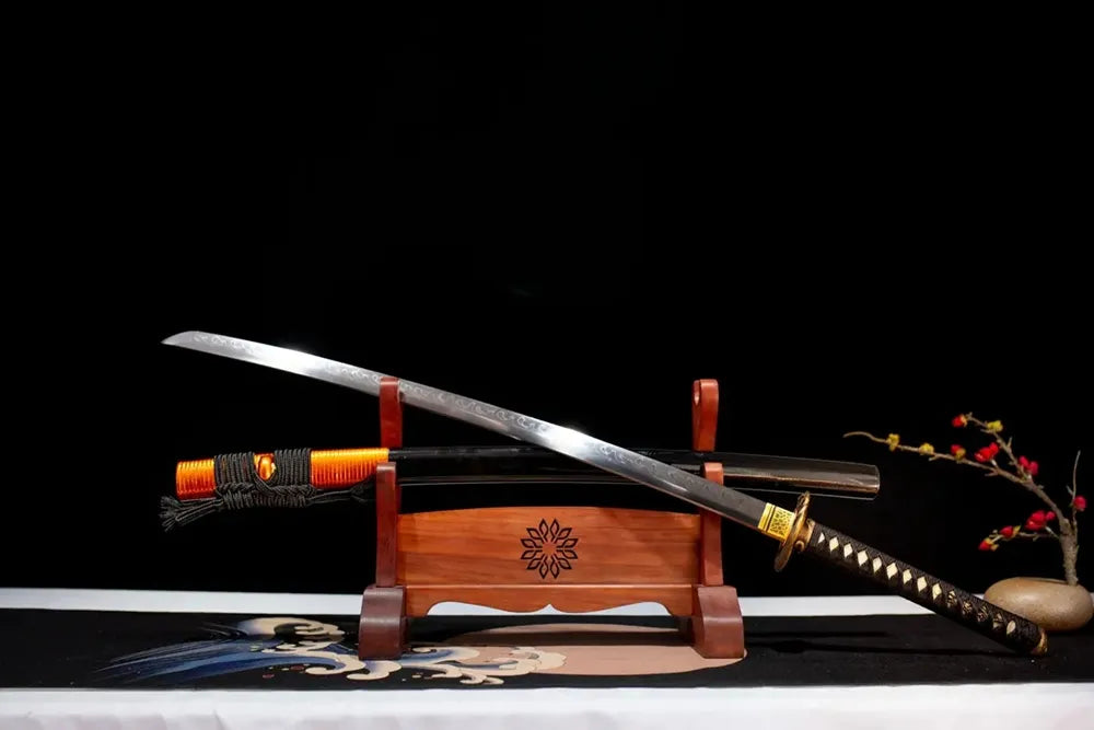 45° front fully sheathed Octagonal‑Snake‑Katana octagonal‑serpent‑wild‑nature‑art themed katana placed on carved wooden sword display stand