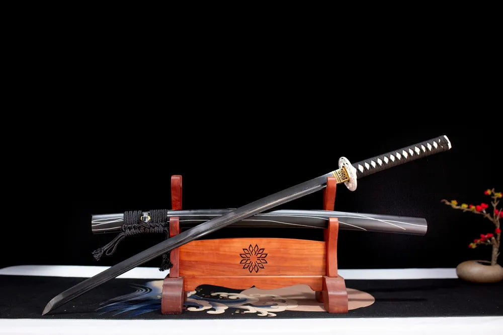 Slanted upright drawn Melanitis‑Katana melanitis‑nocturnal‑dark‑fantasy‑art katana wooden shelf front perspective
