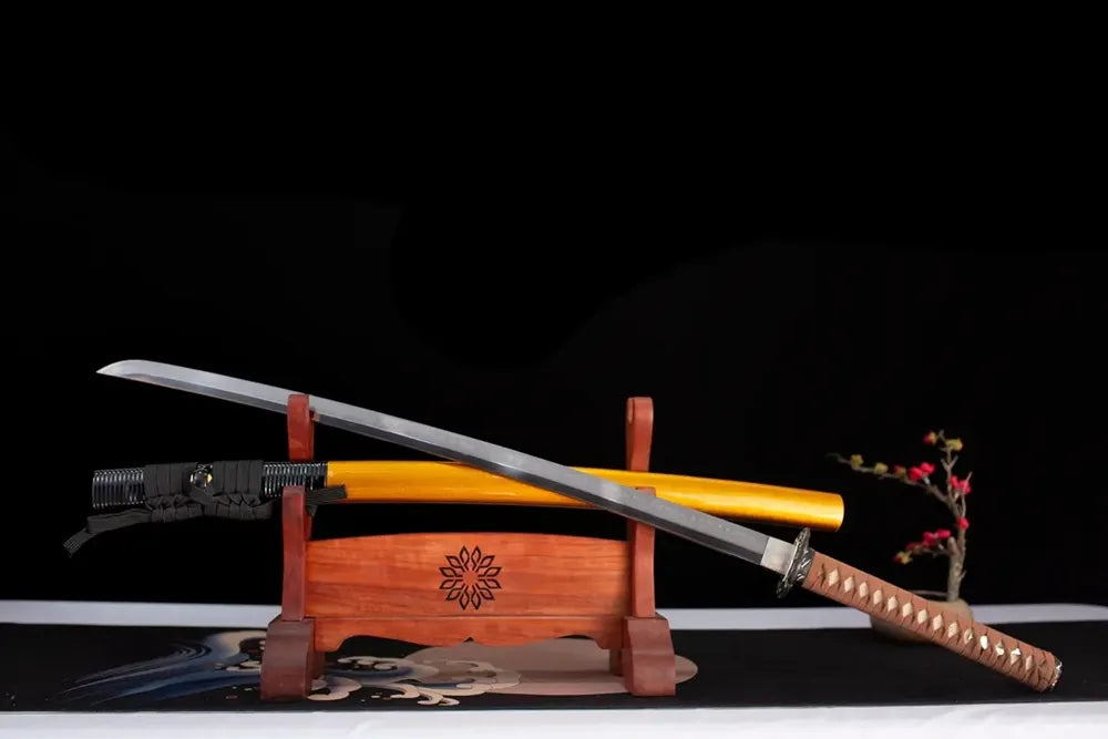 45‑angle open full‑size Wave‑Current‑Katana wave‑current ocean‑tide‑nature‑motif samurai katana two‑layer wooden stand front view