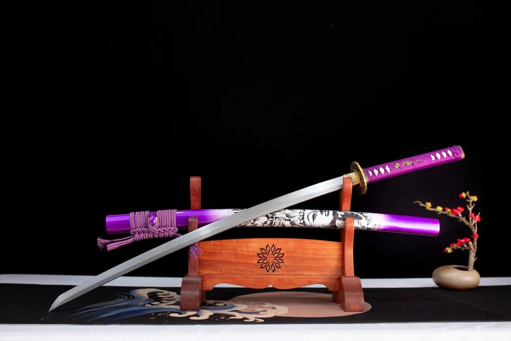 Slanted upright drawn Purple‑Qi‑Haoran‑Katana purple‑qi‑wuxia‑righteous‑art katana wooden shelf front perspective