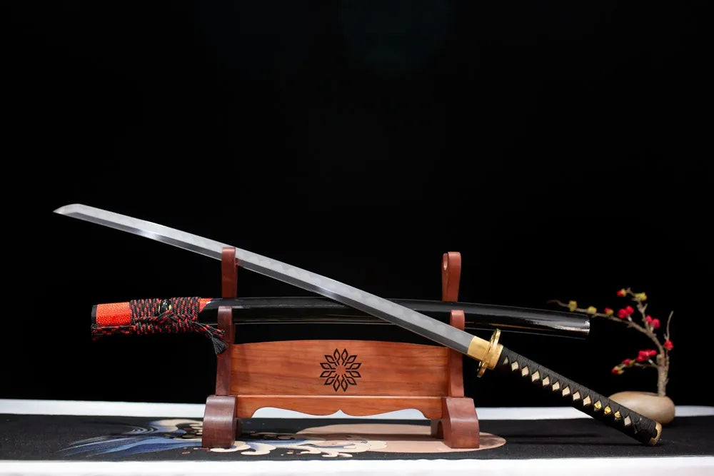 45‑angle open full‑size long half‑asymmetrical floral‑art daisho katana two‑layer wooden stand front view