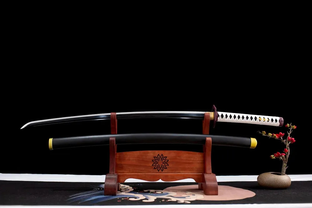 Flat fully‑drawn 1060 steel Giyuu single‑hi nichirin blade wooden rack front shot