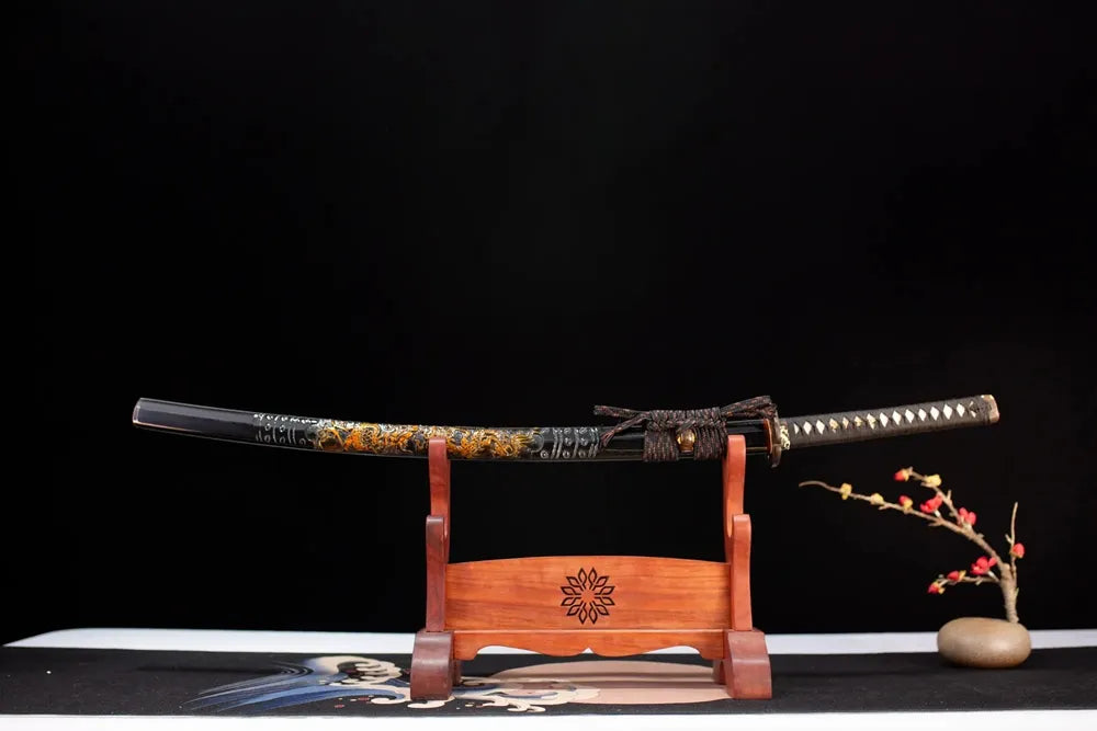 Horizontal laid closed jet‑black gilded nine‑heaven‑dragon‑cloud‑wave Nine‑Heavenly‑Dragons‑Katana scabbard flat table‑top front display