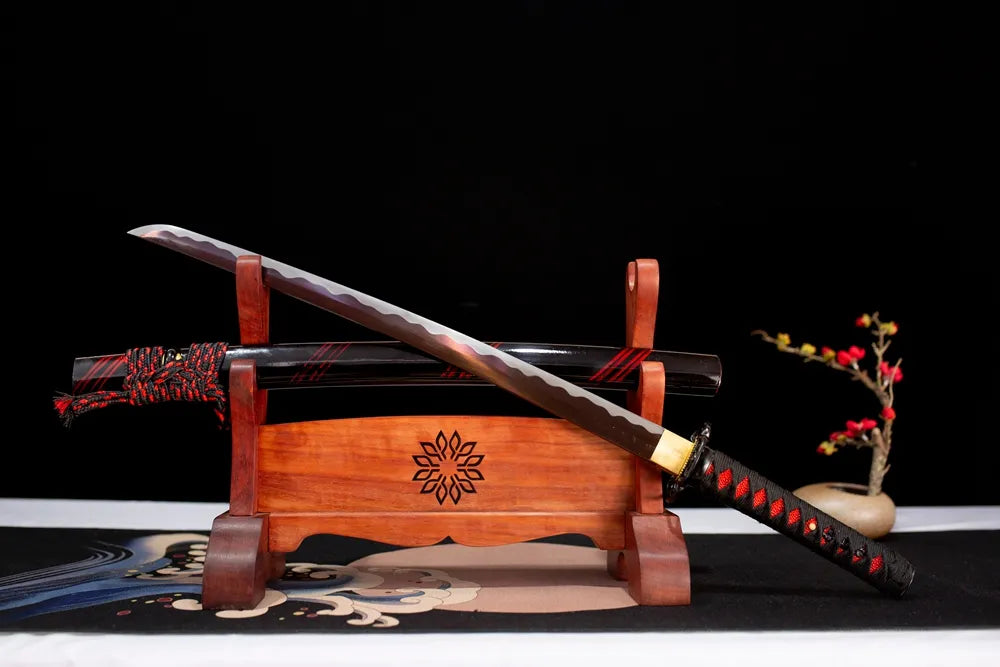 45‑angle open full‑size Wisp‑Red‑Wakizashi wisp‑red‑thread dark‑streak‑motif japanese wakizashi short sword two‑layer wooden stand front view