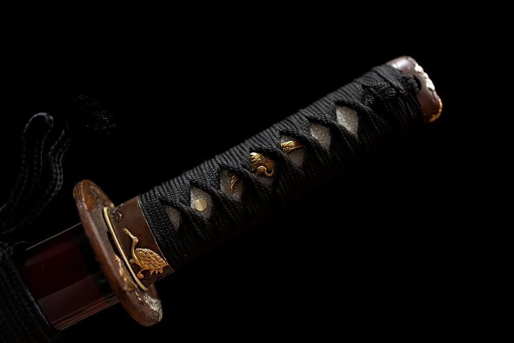 Full ivory‑cream woven ito tsuka tsurumaru‑crane‑relief antique‑brass fittings complete front shot