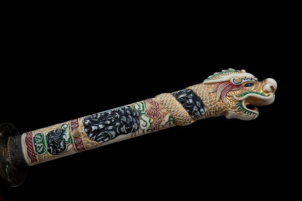 Full sculpted 3D dragon head tsuka front view colorful painted dragon relief handle