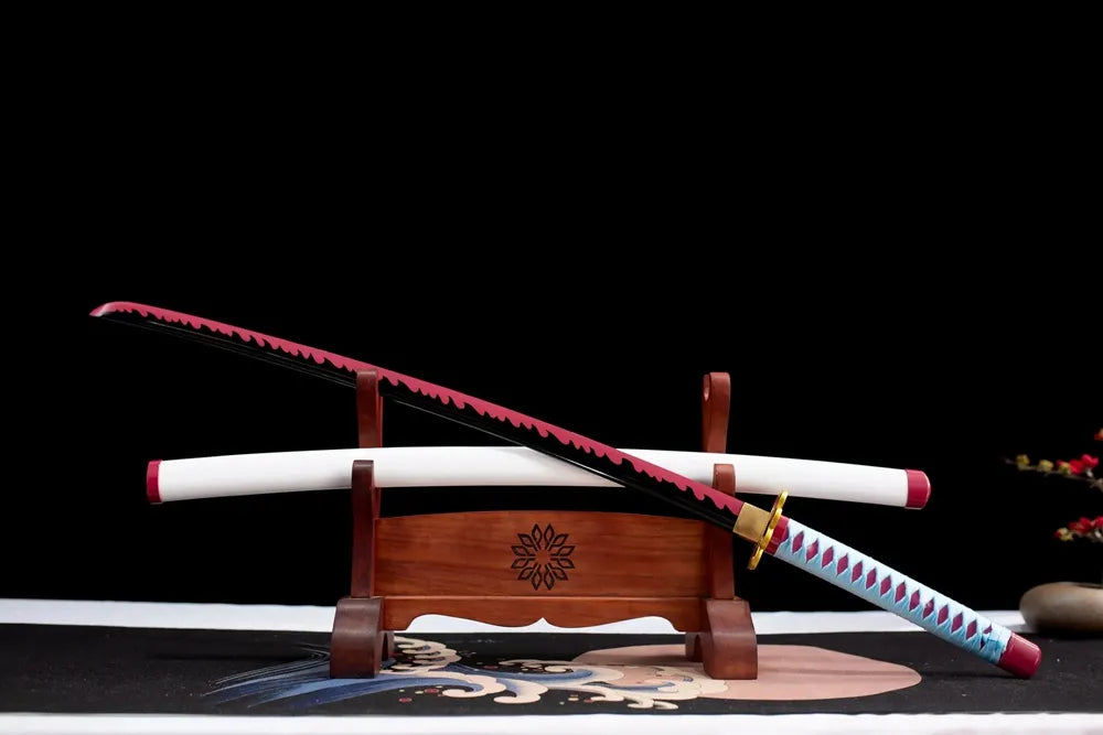 45‑angle open full‑size Love Hashira Kanroji Mitsuri katana two‑layer wooden stand front view